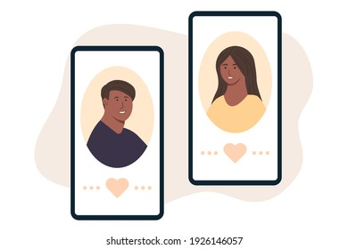 Man And Woman Lovers Via Online In Mobile Phone Dating App. Flat Vector Illustration. Online Dating During Coronavirus, Long Social Distance Couple, Virtual Relationships. Love Via Smartphone.