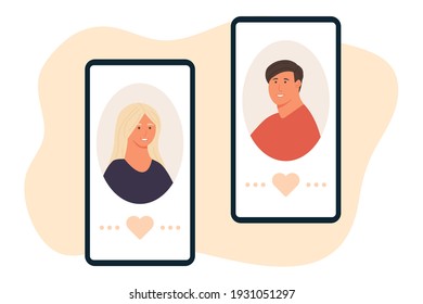 Man And Woman Lovers Via Online In Mobile Phone Dating App. Flat Vector Illustration. Online Dating During Coronavirus, Long Social Distance Couple, Virtual Relationships. Love Via Smartphone