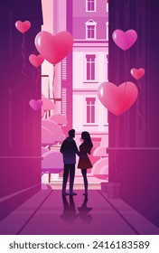 man woman lovers walking city street with pink air balloons in heart shape happy valentines day celebration concept
