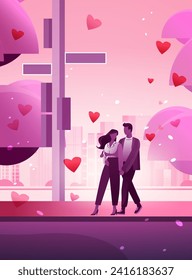 man woman lovers walking in park with red hearts in air happy valentines day celebration concept cityscape background