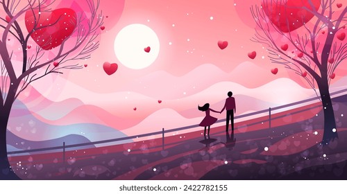 man woman lovers walking in park with red hearts in air happy valentines day celebration concept landscape background