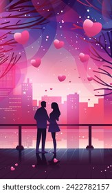 man woman lovers walking in park with red hearts in air happy valentines day celebration concept cityscape background full length