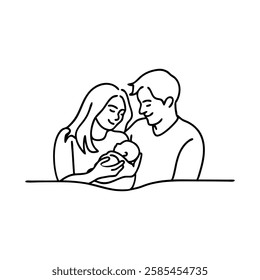 Man and woman lovingly hold a baby, gazing at it with joy and affection in their eyes continuous line art.