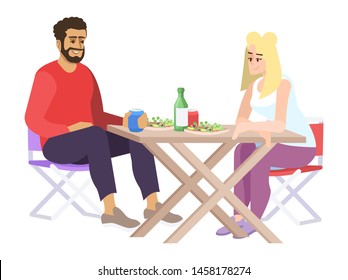 Man and woman at lunch flat vector illustration. Couple of people, food and drinks, folding chairs, table. Cute guy and girl at street food cafe meeting isolated cartoon characters on white background