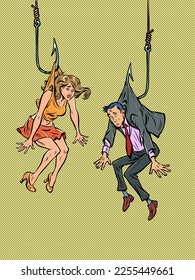 man and woman lure trap people on a fishing hook. Dangerous love. Pop art retro vector illustration 50s 60s style kitsch vintage