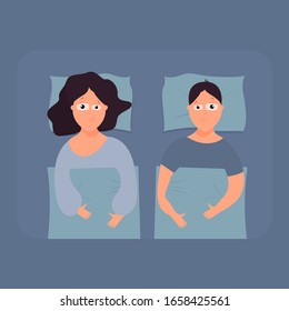 A man and a woman are lying in bed and cannot keep up. Sleep disturbance concept. Vector. Flat cartoon style. The family suffers from insomnia.