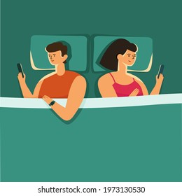 man and woman lying in bed night, using smartphone
