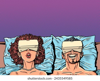 A man and a woman are lying in bed with VR devices. Alternative virtual reality and interaction with it. New technological objects as a problem of modern society. Comic cartoon pop art retro vector