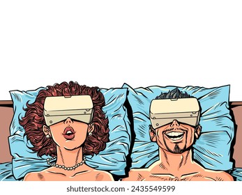 A man and a woman are lying in bed with VR devices. Alternative virtual reality and interaction with it. New technological objects as a problem of modern society. Comic cartoon pop art retro vector