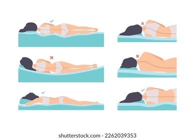 Man and Woman Lying in Correct and Incorrect Sleeping Pose for Neck and Spine Vector Set