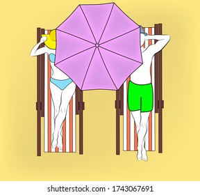 man and woman are lying on the beach sunbathing under an umbrella. rest on the sea. vector illustration.