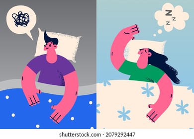 Man and woman lying relaxing in bed sleep peacefully and having insomnia. People with speech bubbles above heads, asleep or take nap and suffer from vigilance. Relaxation and tiredness. 