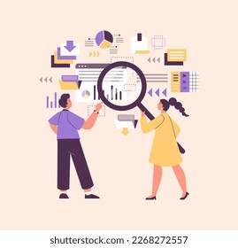 Man and woman with magnifier analyzing data, flat vector illustration isolated on yellow background. People working as data scientists. Concepts of research and information analysis.