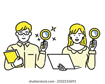 Man and woman with magnifying glasses, solution concept