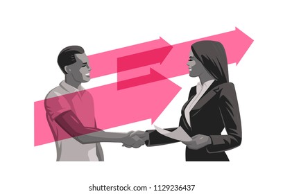 Man and woman make a handshake. Business deal. Vector illustration.