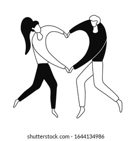 Man and woman make a heart with hands. Flat illustration of a guy and a girl on a white background