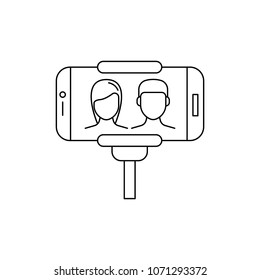 Man and woman make selfie. Outline Man and woman make selfie vector illustration for web design isolated on white background
