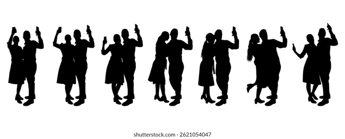 Man and woman make selfies on phone, set of silhouettes. Vector illustration.