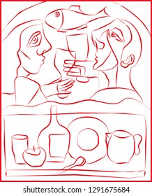 Man and woman make a toast to happiness. Fish symbolizes happiness. Still life says about the house.