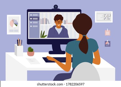 Man and woman make video call. Hiring, job interview, employment. Team work, partners talk, networking or conference by computer. Online courses, studying or education. Home office vector illustration