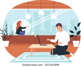 Man and woman make video call. Long distance relationship between friends, loving couple or marriage husband and wife. Online talk on laptop via internet. Social media and communication concept