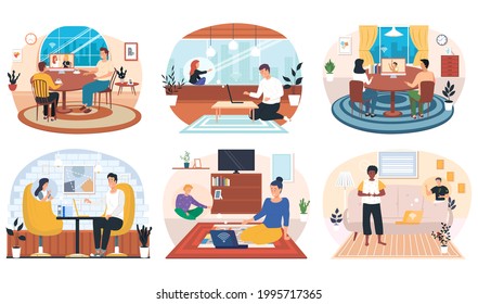 Man and woman make video call. Long distance relationship between friends, loving couple or marriage husband and wife. Online talk on laptop via internet. Social media and communication scenes set