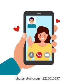 Man and woman make a video call concept vector illustration. Long distance relationship between friends, loving couple or marriage husband and wife. Online talk on smartphone via internet.