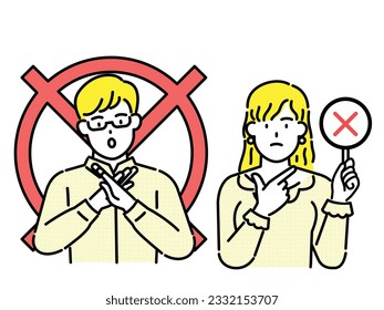 A man and a woman make X's to say no, quit warning, and stay away. Saying stop