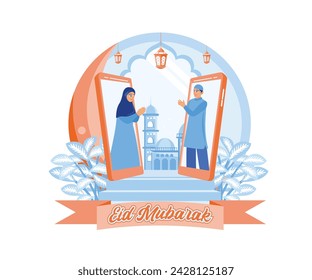  Man and woman making a call via cell phone. Forgive each other and wish each other a happy Eid. Happy Eid Mubarak concept. flat vector modern illustration 