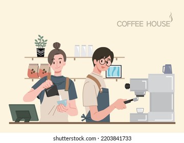 Man and woman making coffee