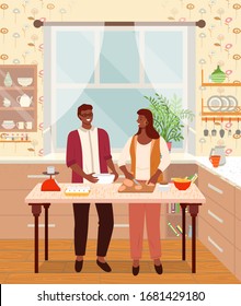 Man and woman making dinner together. Couple in love baking in kitchen. Brother and sister preparing food for special occasion. People cooking meals for family at home using scales device, vector