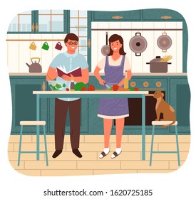 Man and woman making food together. Couple in kitchen, female character cutting carrots and vegetables for salad. Male reading cookbook with recipe. Pet sitting by table, family at home vector