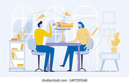 Man and Woman Making Handicraft Flat Cartoon Vector Illustration. Creating Airplane or Aircraft with Equipment such as Wood or Paper, Pencil, Scotch Tape, Glue, Scissors. People Sitting at Table.