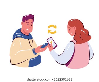 Man and woman making mobile payment transfer using smartphones, symbolizing online banking, money exchange, and digital finance. Cartoon doodle style for finance or e-commerce. Vector illustration.