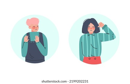 Man and Woman Making Negative Hand Gesture Showing Stop Sign and Thumb Down in Circular Frame Vector Set
