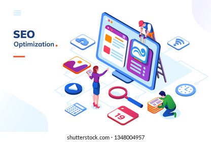 Man and woman making SEO optimization at office. People and web icons. Landing page with search team or web site analytics teamwork. Digital content concept. Internet business planning.