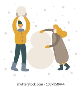 Man and woman making a snowman on snow landscape background. Cute vector illustration with winter outdoor leisure activities on white background.