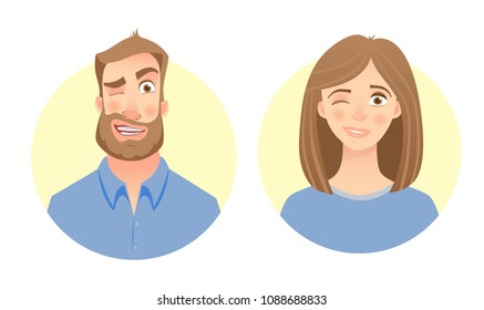 Man and woman. Male and female face. Flat vector characters