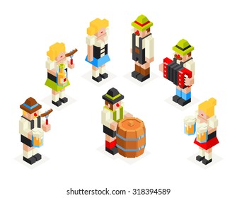 Man Woman Male Female Icons Set Oktoberfest Isometric 3d Beer Keg Accordion Sausage Fork Glass Flat Design Vector Illustration