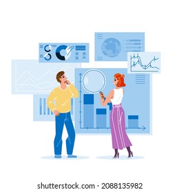 Man And Woman Managers Data Monitoring Vector. Boy And Girl Workers Internet Or Financial Data Monitoring Together. Characters Researching Finance Chart And Infographic Flat Cartoon Illustration