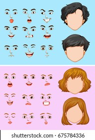 Man and woman with many facial expressions illustration