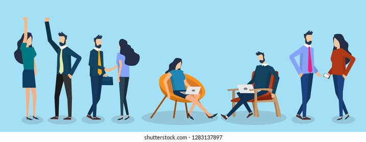 A man and a woman in many position, Sit on sofa with laptop,chating,shaking hand, and hands up