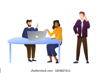 Man and woman marketers are sitting at a laptop. Young ambitious guys present the promotion work. People discuss the workflow. Presentation concept, meeting of project participants.