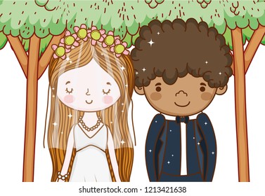 man and woman marriage ceremony with trees