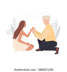 Man and woman marriage proposal vector illustration. Young heterosexual couple engagement isolated on white background.