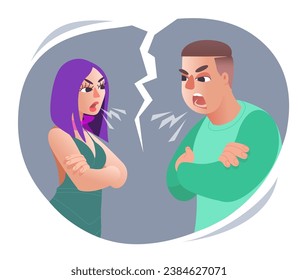 A man and a woman married couple are quarreling and shouting at each other. Concept of conflicts in relationships of young couples. Vector flat illustration.