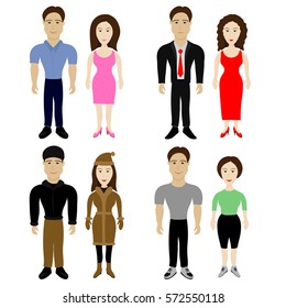Man and woman. Married couple. Set in different clothes. Go on holiday, on a walk, to work. Vector image.