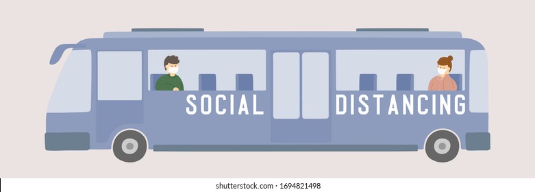 Man and woman with mask in bus keep distance to protection covid-19 outbreak, Social distancing concept poster or social banner design illustration on background with copy space, vector eps 10