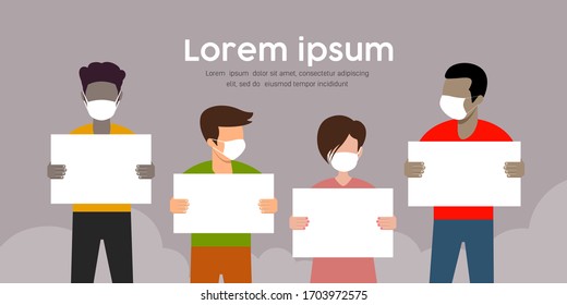 Man and Woman, with mask holding white paper, collection design background, vector illustration