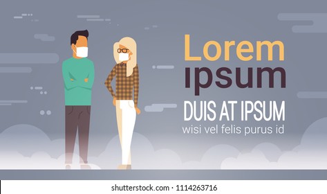 man woman in mask over smog nature air pollution city landscape atmosphere male female over grey background full length copy space flat